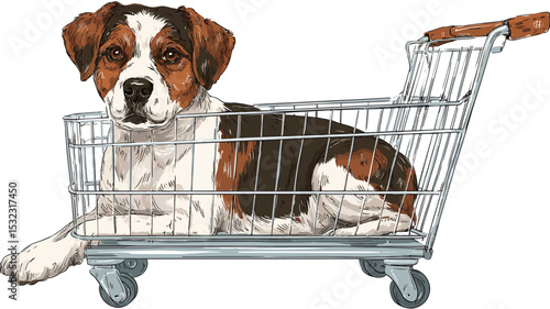 A digital illustration depicting a small to medium-sized dog, predominantly brown and white in coloration, comfortably nestled within a metallic shopping cart. The dog exhibits a serene expression,