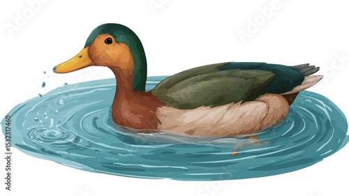 The image is a digital painting or illustration depicting a mallard duck swimming in calm water.  The duck is centrally positioned and rendered with a high degree of detail, showcasing individual