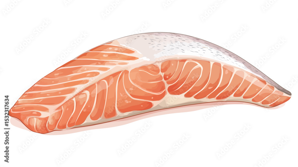 A high-resolution close-up photograph depicts a single, raw salmon fillet against a pure white background. The fillet is presented at a slight angle, showcasing its rich A high-resolution close-up photograph depicts a single, raw salmon fillet against a pure white background. The fillet is presented at a slight angle, showcasing its rich