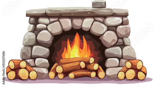 A digital illustration depicts a rustic stone fireplace against a white background.  The fireplace is constructed of irregularly shaped, grey and brown stones, arranged in a rounded archway