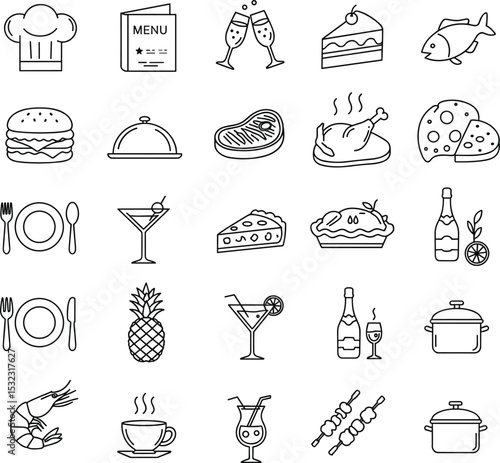 Restaurant and food icons set, vector collection with chef hat, menu, drinks, steak, seafood, pizza, desserts, cocktails, wine, table setting, hot meals