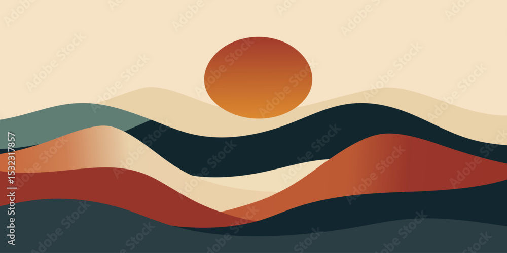 Abstract landscape with layered, wavy mountains and a warm-toned sun Abstract landscape with layered, wavy mountains and a warm-toned sun