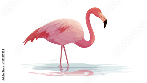 The image showcases a digital painting or illustration of a single pink flamingo standing in shallow water against a pure white background. The flamingo is depicted in profile view