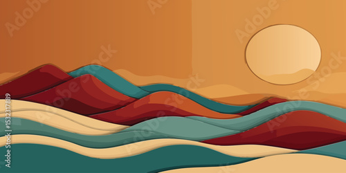 Abstract Landscape with Layered Mountains and Sun
