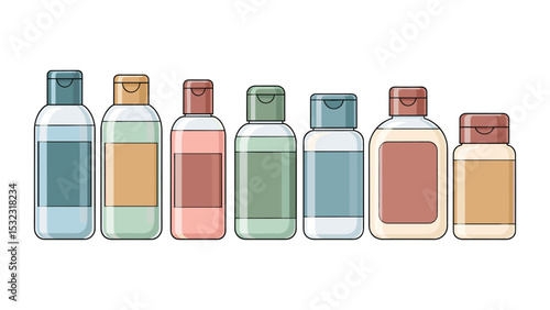 Vector illustration of various colorful shampoo bottles with different labels