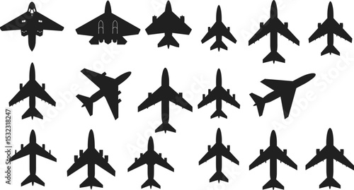 Collection of aircraft silhouettes, jet planes, military and commercial airplane icons, top view aviation design, vector illustration bundle set