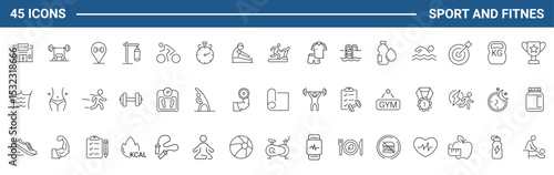Sport and Fitness set of web icons in line style. Gym and health care. Healthy lifestyle icons. Nutrition and dieting, training, body care, healthy food, workout, muscle, and weight. Editable Stroke