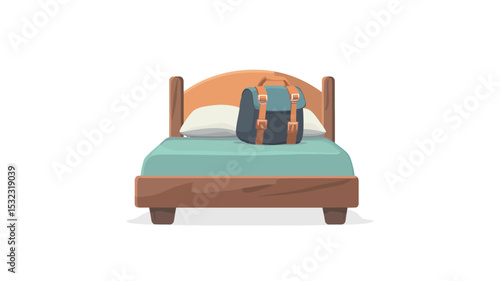 The image is a digital illustration depicting a simple, wooden bed with a teal or light blue bedspread. The bed has a slightly arched wooden headboard and footboard.  A dark-colored backpack rests