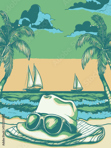 Relaxing Beach Scene with Hat, Sunglasses, and Sailboats in Distance