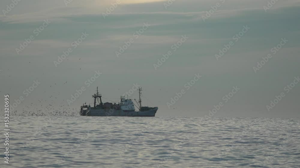 Ship Ocean Vessel, Solitary Cargo Ship at Sea, Cloudy Day, Maritime Transportation. Ship Ocean Vessel, Solitary Cargo Ship at Sea, Cloudy Day, Maritime Transportation.