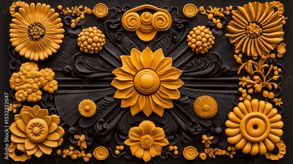 Intricate Golden Floral and Baroque Design on Black Background - 3D Rendered Wall Art Intricate Golden Floral and Baroque Design on Black Background - 3D Rendered Wall Art