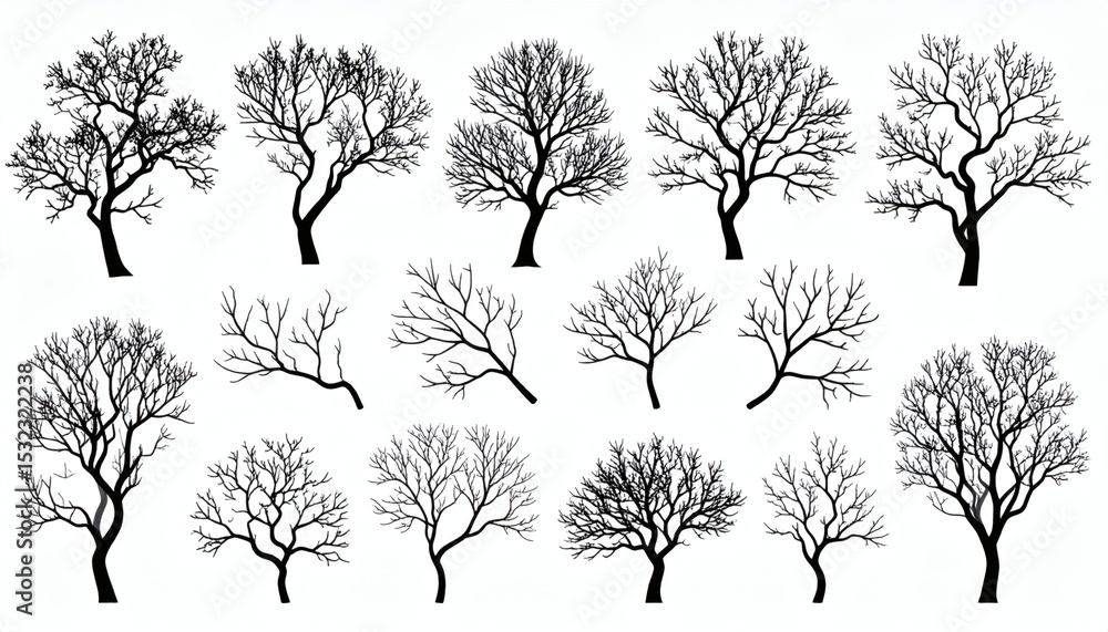 Obraz premium Collection of black silhouettes of tree branches isolated on white background, detailed natural branch shapes vector design