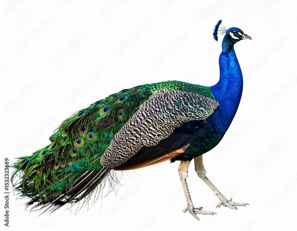Fototapeta premium Peacock with tail closed over white background, no shadow