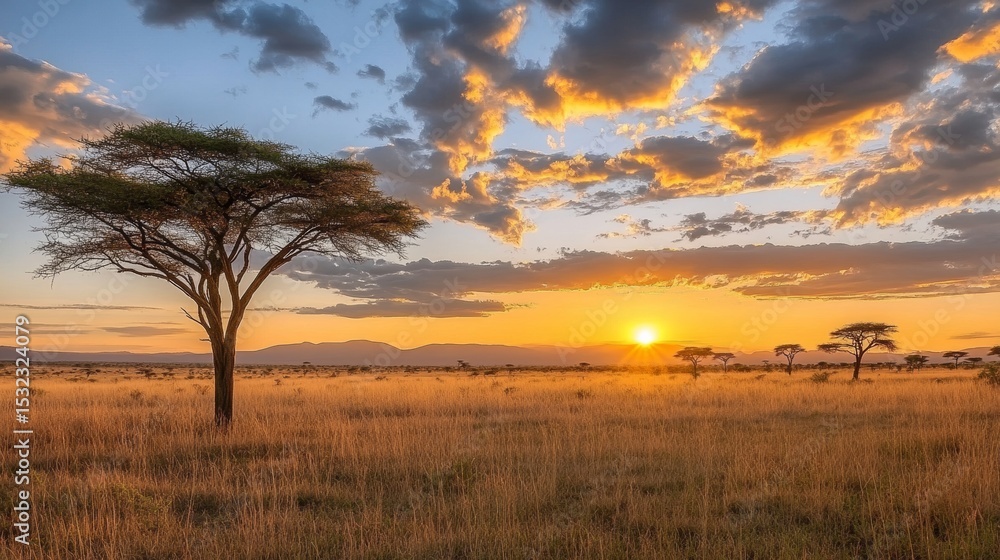 Fototapeta premium Breathtaking African Sunset Over the Savannah with Acacia Trees and Golden Light, Nature s Beauty