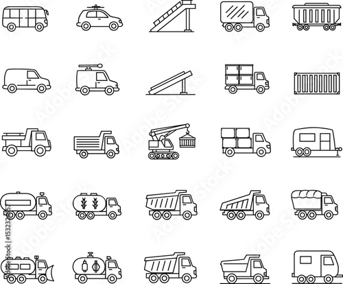Transport and logistics vehicle icons set, vector collection including trucks, trailers, vans, cranes, tankers, dump trucks, stair ramps, containers, delivery vehicles