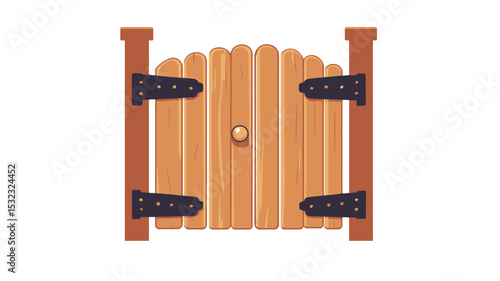 A digital illustration depicting a front view of a rustic wooden gate. The gate is composed of vertically arranged light brown wooden planks, exhibiting a slightly rough texture.  It features a
