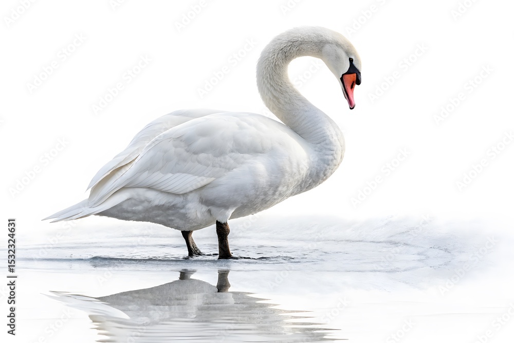 Fototapeta premium Elegant white swan standing on ice with reflection in water against a bright sky