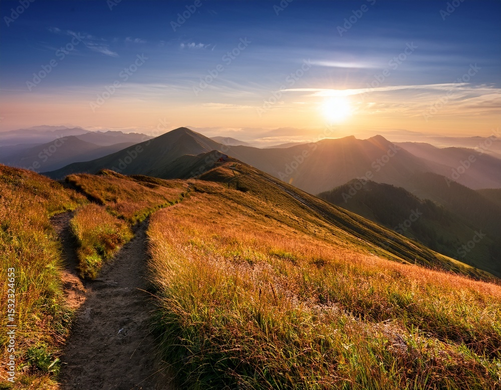 Obraz premium hiking trail on mountain ridge at sunrise