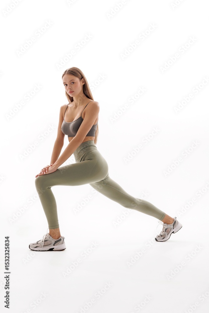 Woman performing a stretching exercise in athletic wear on a white background during a fitness session Woman performing a stretching exercise in athletic wear on a white background during a fitness session