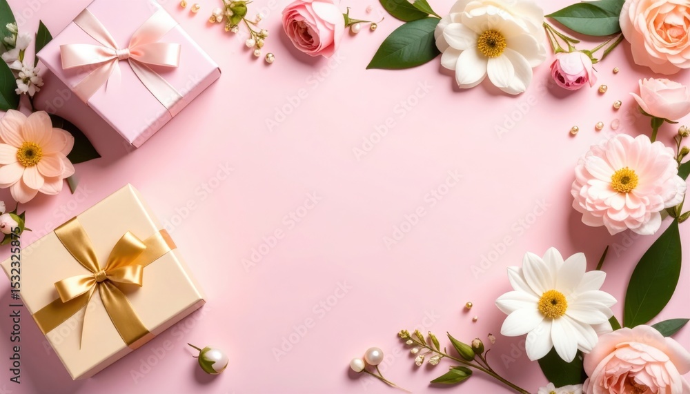 Gift presentation with floral accents pink background creative composition festive atmosphere top view celebration concept Gift presentation with floral accents pink background creative composition festive atmosphere top view celebration concept