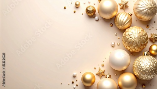 Elegant gold and white christmas ornaments festive background decorative elements holiday spirit close-up seasonal decor