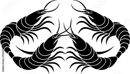 Vector silhouette of a couple of shrimps on a white background. Symbol of ocean animal