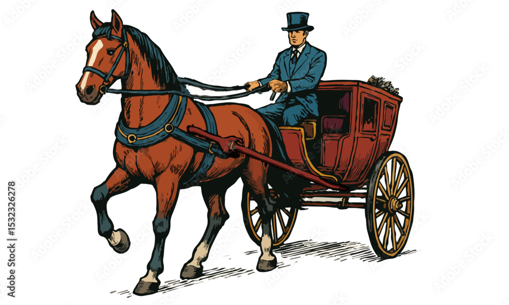 A horse-drawn carriage with a driver in traditional uniform. A horse-drawn carriage with a driver in traditional uniform.