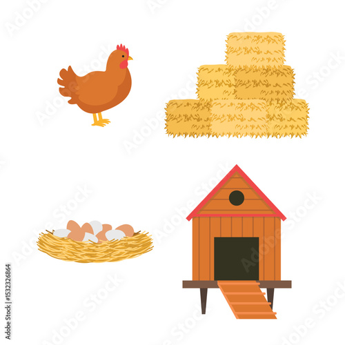 Farming elements icons on white background. Chicken, hay bales, nest with eggs and henhouse.