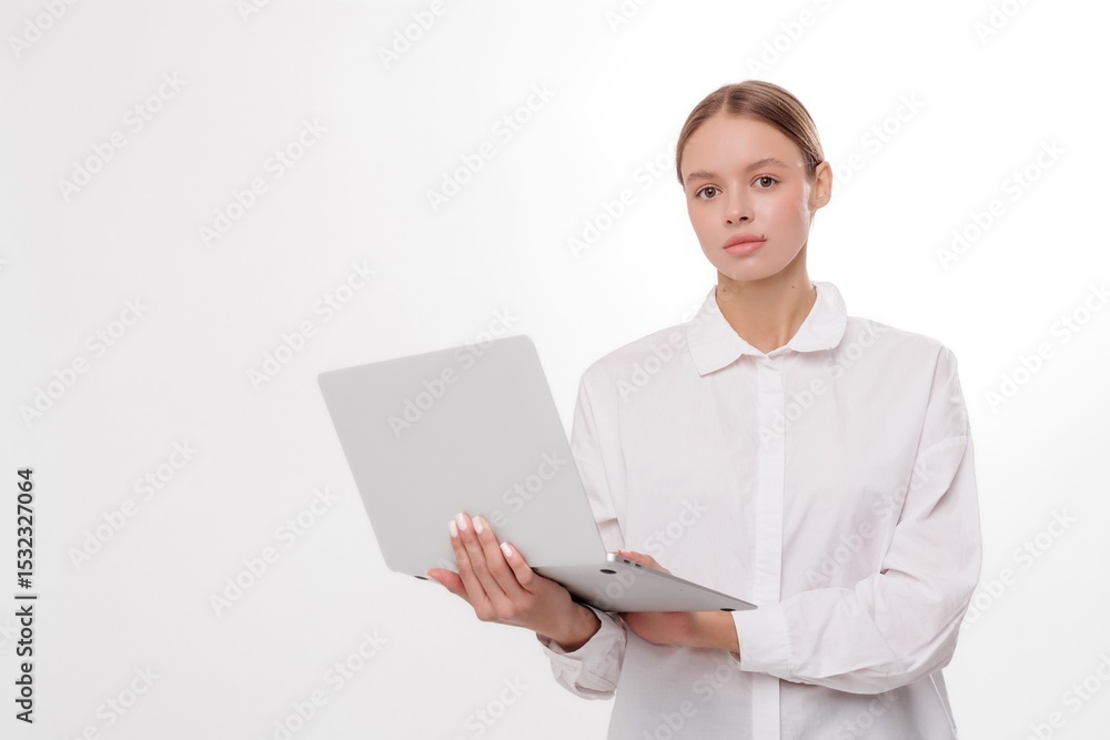 Young woman using laptop in a bright room while wearing a white button-up shirt Young woman using laptop in a bright room while wearing a white button-up shirt