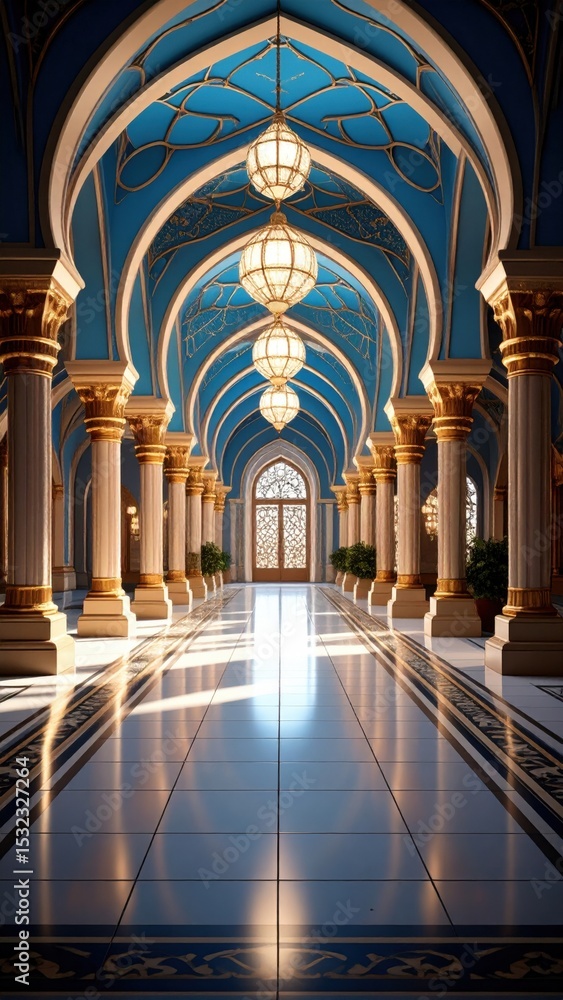 Obraz premium Elegant architectural hallway with stunning arches and light fixtures interior design royal palace serene environment