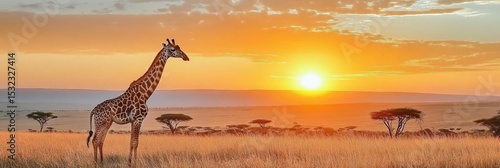 Stunning African Landscape with Acacia Trees and Giraffe at Sunset in Tanzania s Grasslands