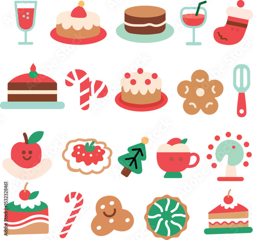 Colorful Christmas Treats and Festive Icons in Fun Cartoon Style.