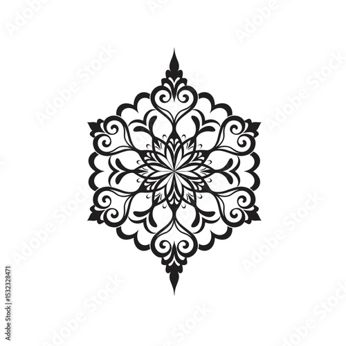 Black ornamental floral design in intricate symmetrical pattern  