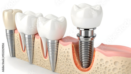  Dental Implants with Crowns in Jawbone, Illustrating Tooth Replacement and Oral Health