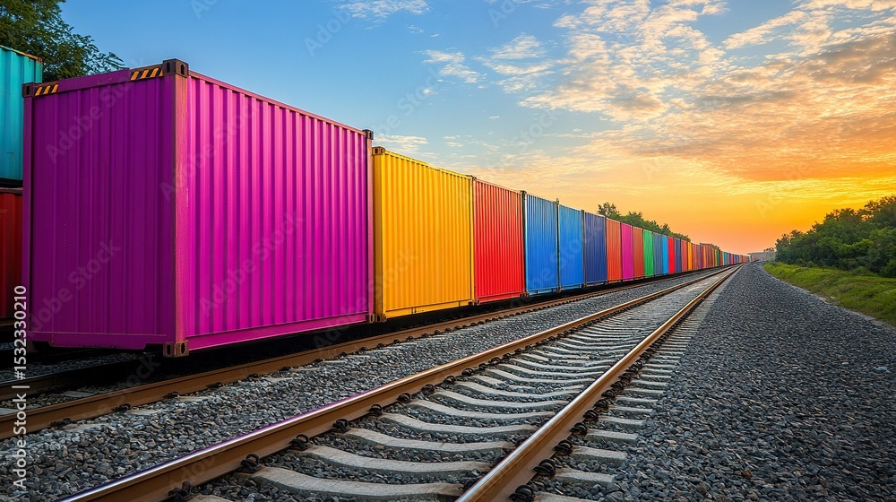 Fototapeta premium Colorful Cargo Train at Sunset, Rail Transport