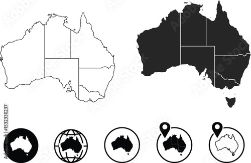 Australia map set in black and white featuring two clean styles with design hints from 5 artistic variations – ideal for minimalist, modern, educational, and cartographic use Print