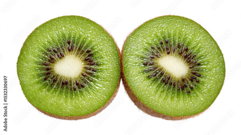 Fototapeta premium Two halves of freshly sliced kiwi fruit reveal bright green flesh dotted with small black seeds. The brown skin adds a contrasting texture, emphasizing the fruit's freshness