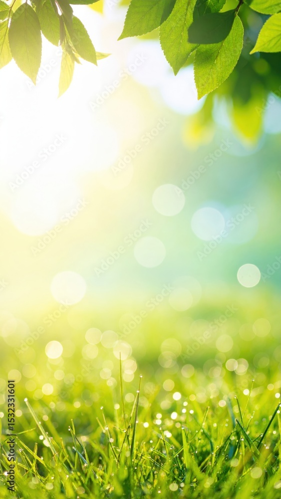 Fototapeta premium Radiant sunshine illuminating dewy grass in nature's tranquil landscape serene outdoor environment soft focus view