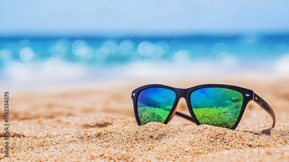 Sunglasses resting on sandy beach with ocean waves and blue sky in the background, reflecting a sunny, relaxing summer vibe. Sunglasses resting on sandy beach with ocean waves and blue sky in the background, reflecting a sunny, relaxing summer vibe.