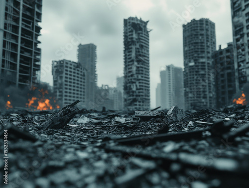 Postapocalyptic urban landscape with debris and destroyed buildings under cloudy sky with fire burning