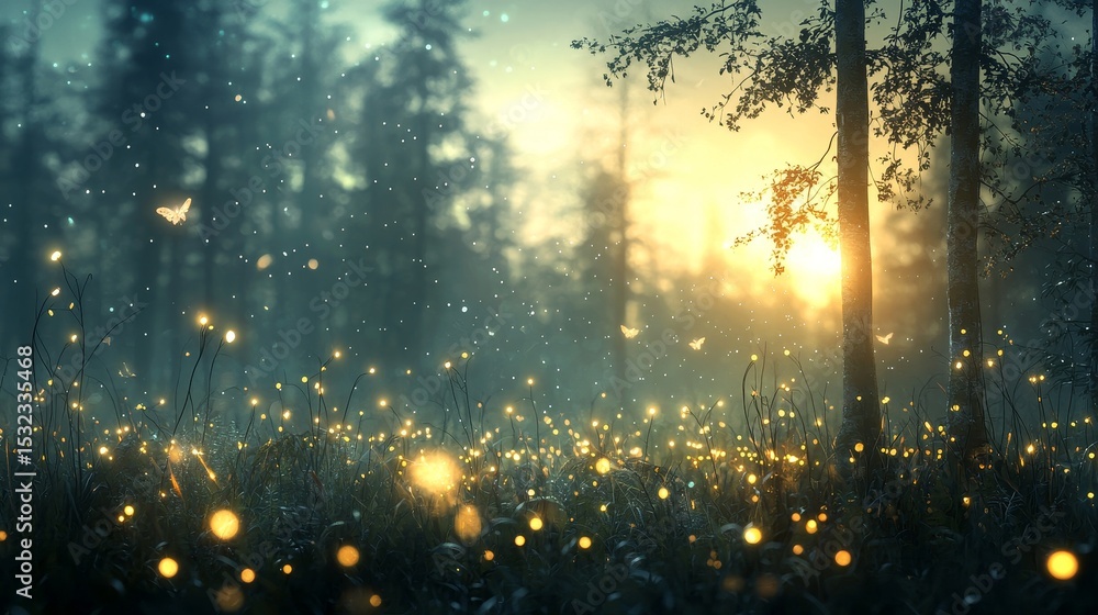 Naklejka premium Enchanting sunset with fireflies forest clearing nature photography dreamy atmosphere close-up perspective magical serenity