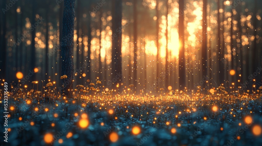 Fototapeta premium Enchanting fireflies illuminate a serene forest at dusk nature photography tranquil atmosphere mystical scene