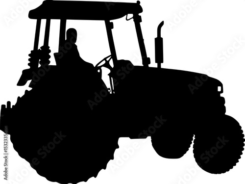 "Farm equipment silhouette – a tractor seen from the side in black and white, perfectly flat perspective with bold, defined shapes and no unnecessary detail."

