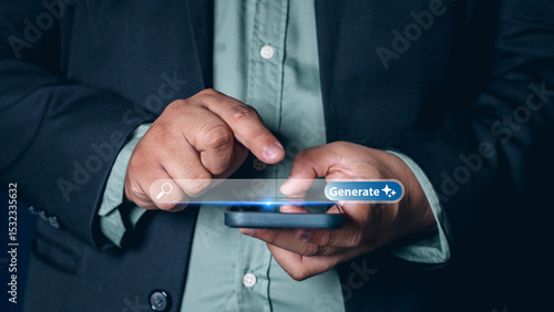 Businessman using smartphone with AI search engine bar for data search optimization by artificial intelligence technology.