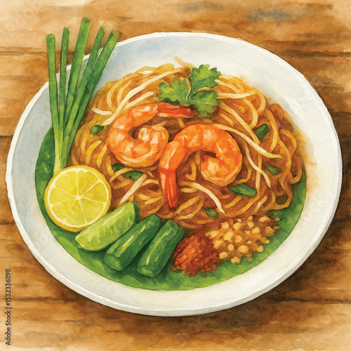 Pad Thai with Giant Shrimp and Side Vegetables – Watercolor PNG