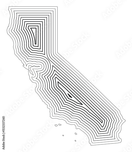 Symbol Map of the State California (United States of America) showing the state border buffered inside with black tapering lines