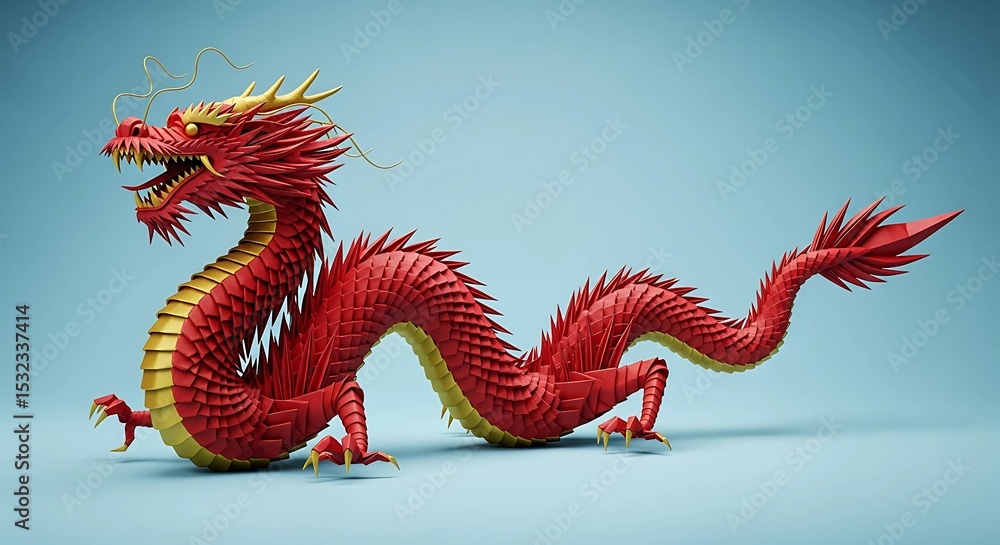 Obraz premium Red and Gold Paper Chinese Dragon Sculpture with Detailed Scales – Intricate Origami-Inspired Art for Lunar New Year, Cultural Decor, and Festive Celebrations Illustrations