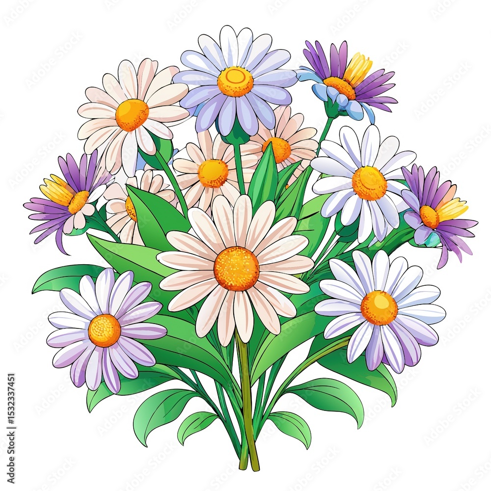 Fototapeta premium A Whimsical Daisy Bouquet with Colorful Petals and Lush Green Leaves