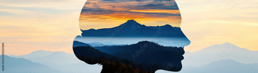 Obraz premium Silhouette of person with double exposure effect showing mountain landscape and colorful sunset sky, peaceful and inspiring