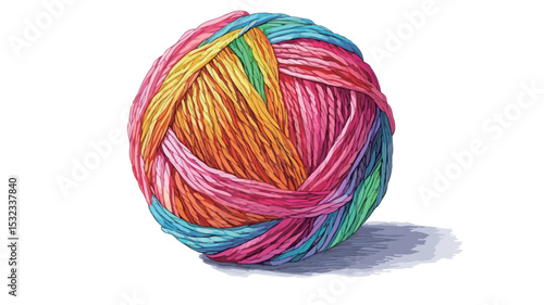 Close-up studio shot of a perfectly formed ball of multicolored yarn. The yarn is composed of strands in various shades of pink, orange, yellow, green, and blue, tightly wound together. The image